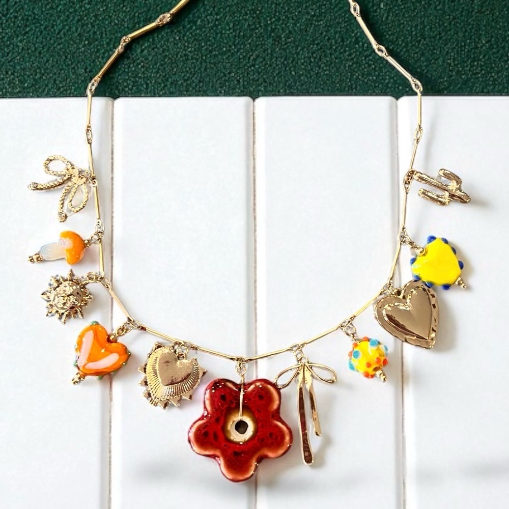 Vibrant Gold Toned Autumn inspired charm necklace Glass Ceramic Enamel charms - Picture 3 of 17